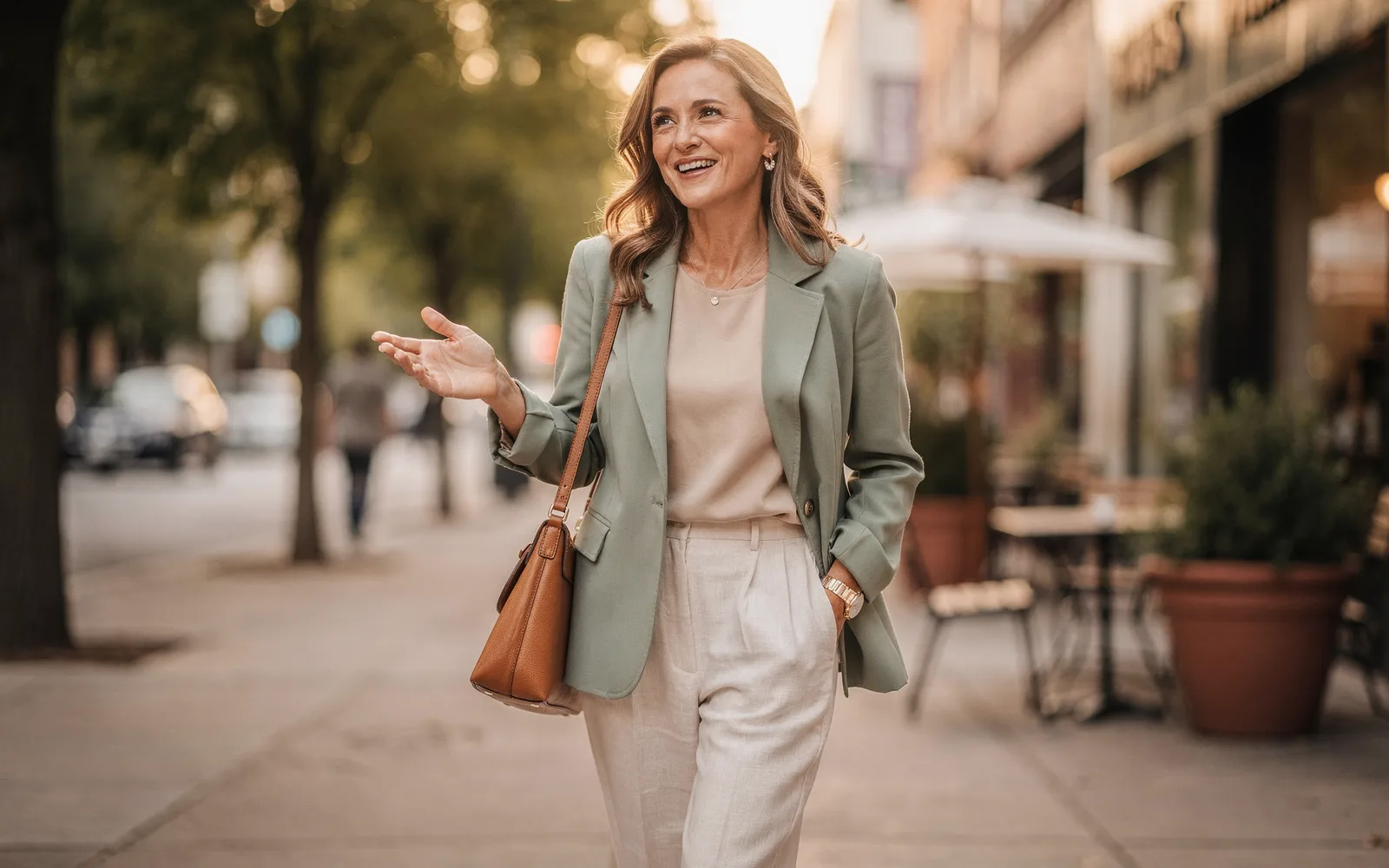 Woman in linen trousers and a sage blazer walking along a tree-lined city sidewalk in golden evening light.
