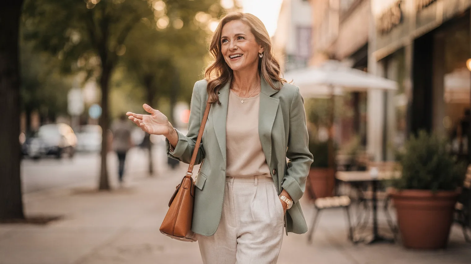 Woman in linen trousers and a sage blazer walking along a tree-lined city sidewalk in golden evening light.
