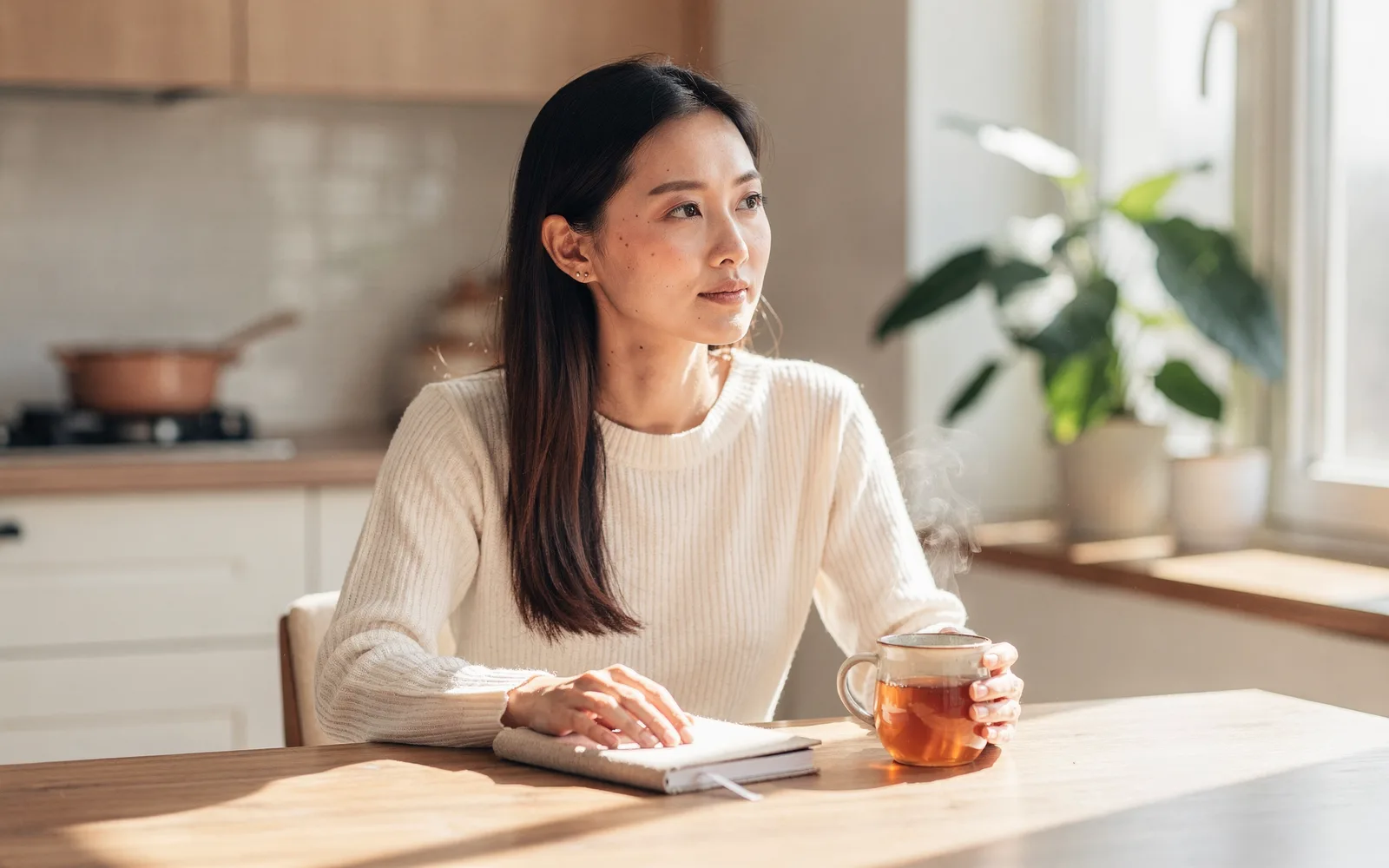 A woman sits at a sunlit kitchen table with tea, one hand on a closed notebook, gazing thoughtfully toward the window.