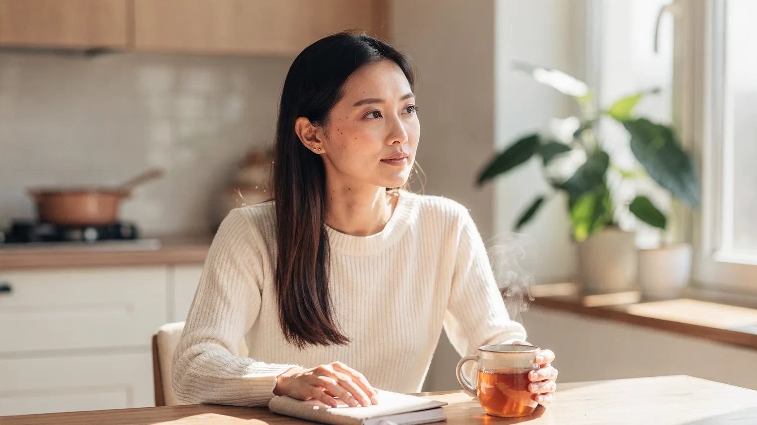A woman sits at a sunlit kitchen table with tea, one hand on a closed notebook, gazing thoughtfully toward the window.