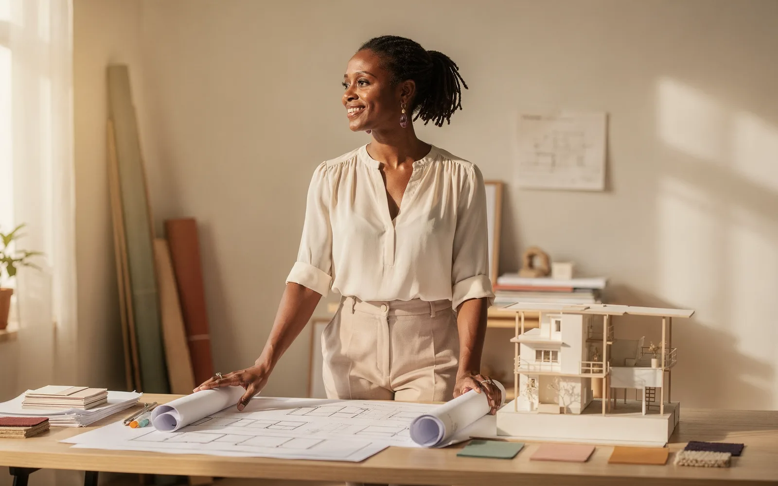 Woman with locs standing at a sunlit studio table, hand resting on rolled architectural drawings.