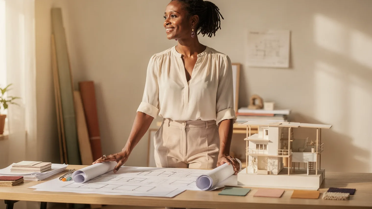 Woman with locs standing at a sunlit studio table, hand resting on rolled architectural drawings.