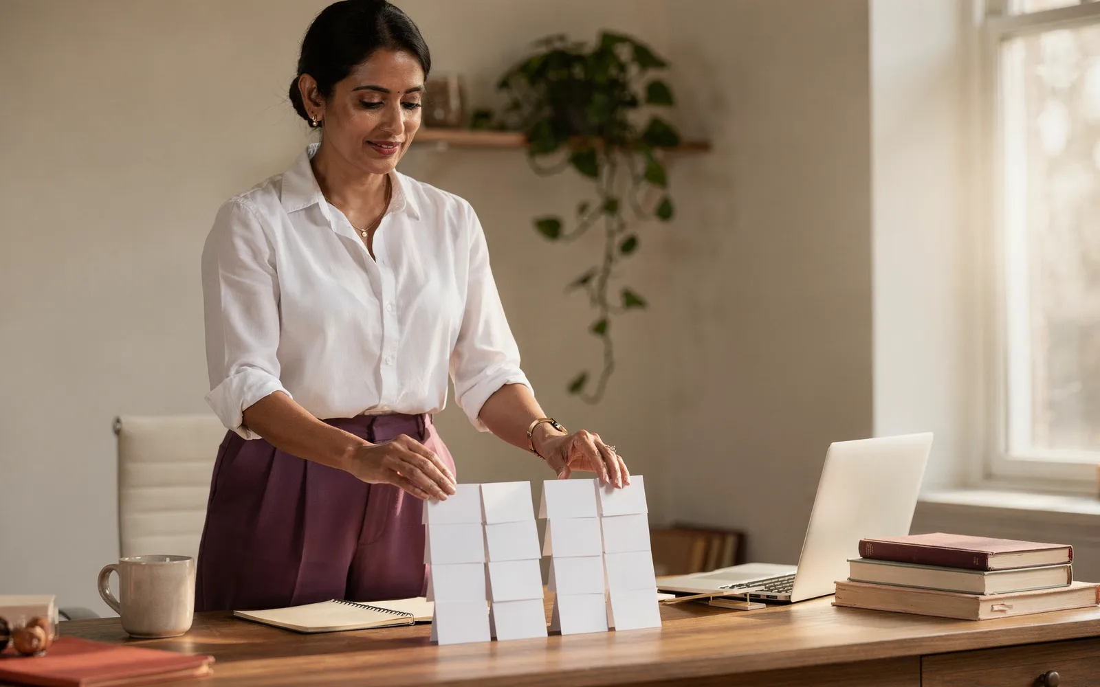 A woman in a white shirt stands at a sunlit desk, arranging two neat columns of note cards with focused calm.