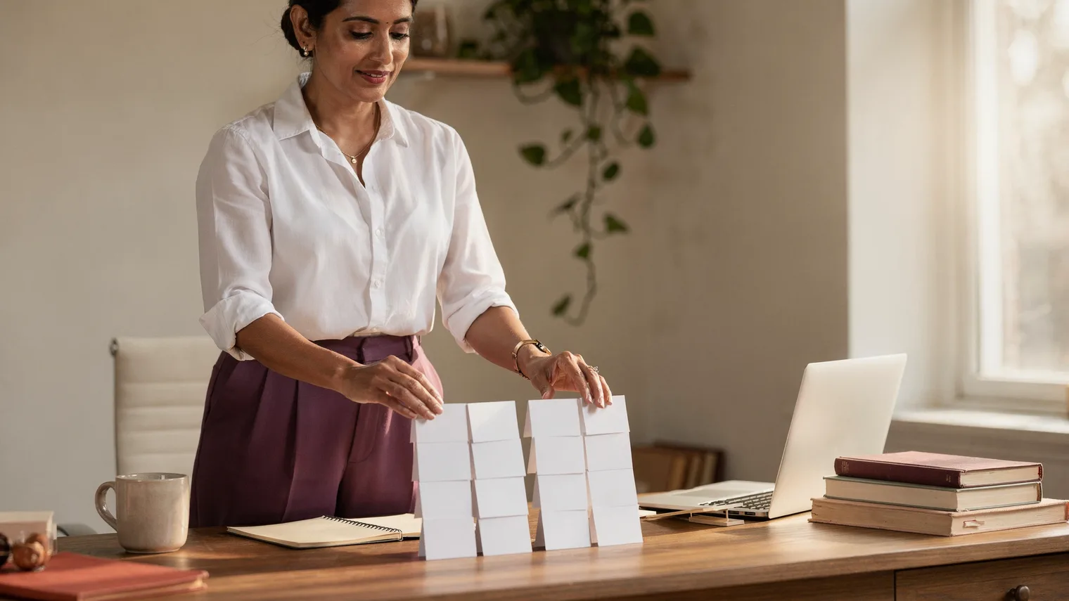 A woman in a white shirt stands at a sunlit desk, arranging two neat columns of note cards with focused calm.