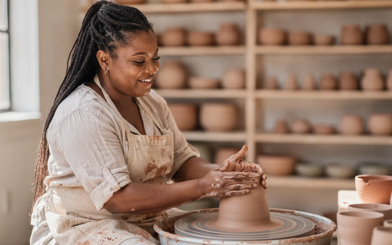 A woman in a clay-dusted apron shapes a vessel at a pottery wheel in a bright studio, absorbed in the work.