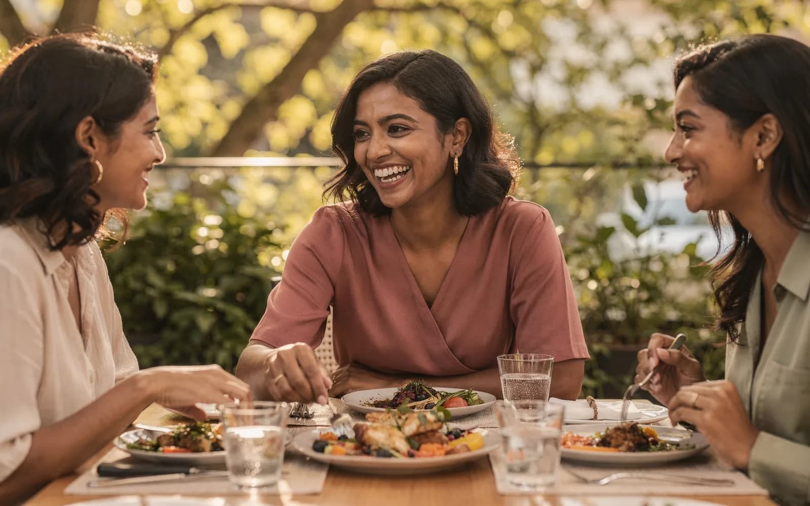 A woman laughs while passing a dish to friends at a golden-hour patio dinner table.