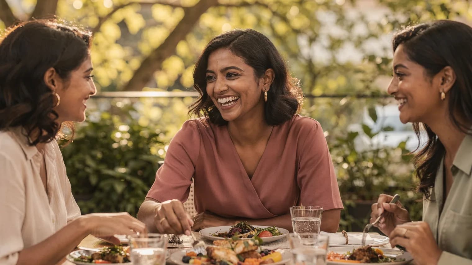 A woman laughs while passing a dish to friends at a golden-hour patio dinner table.