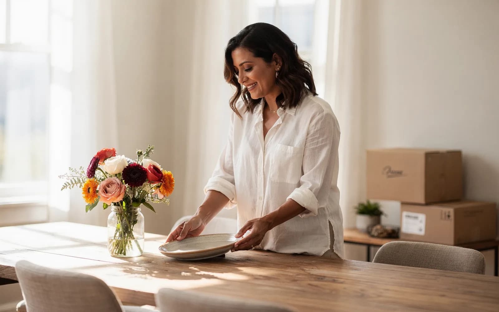 A woman places a handmade plate and fresh flowers on a wooden table in a bright, newly moved-into apartment.