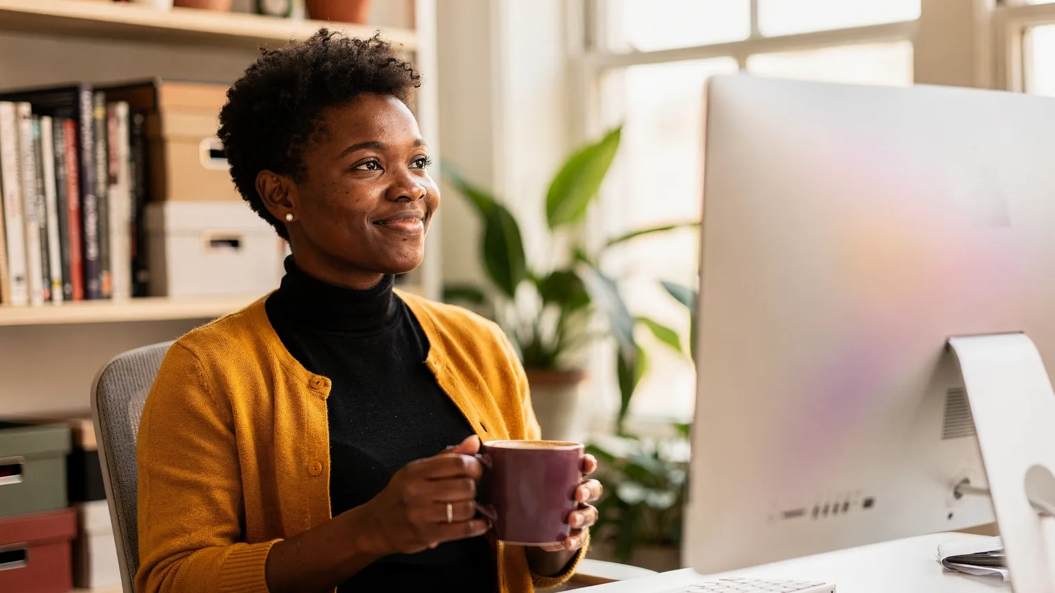 A woman with cropped hair sits at a studio editing desk with coffee, watching a softly glowing monitor with quiet pride.