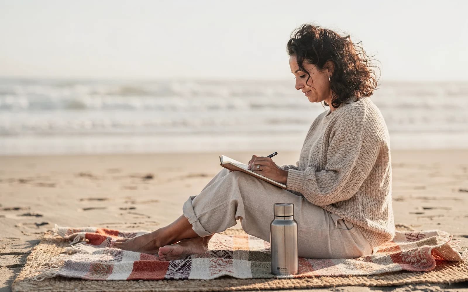 A woman in a chunky sweater writes in a notebook on a blanket at a quiet morning beach, surf soft in the distance.