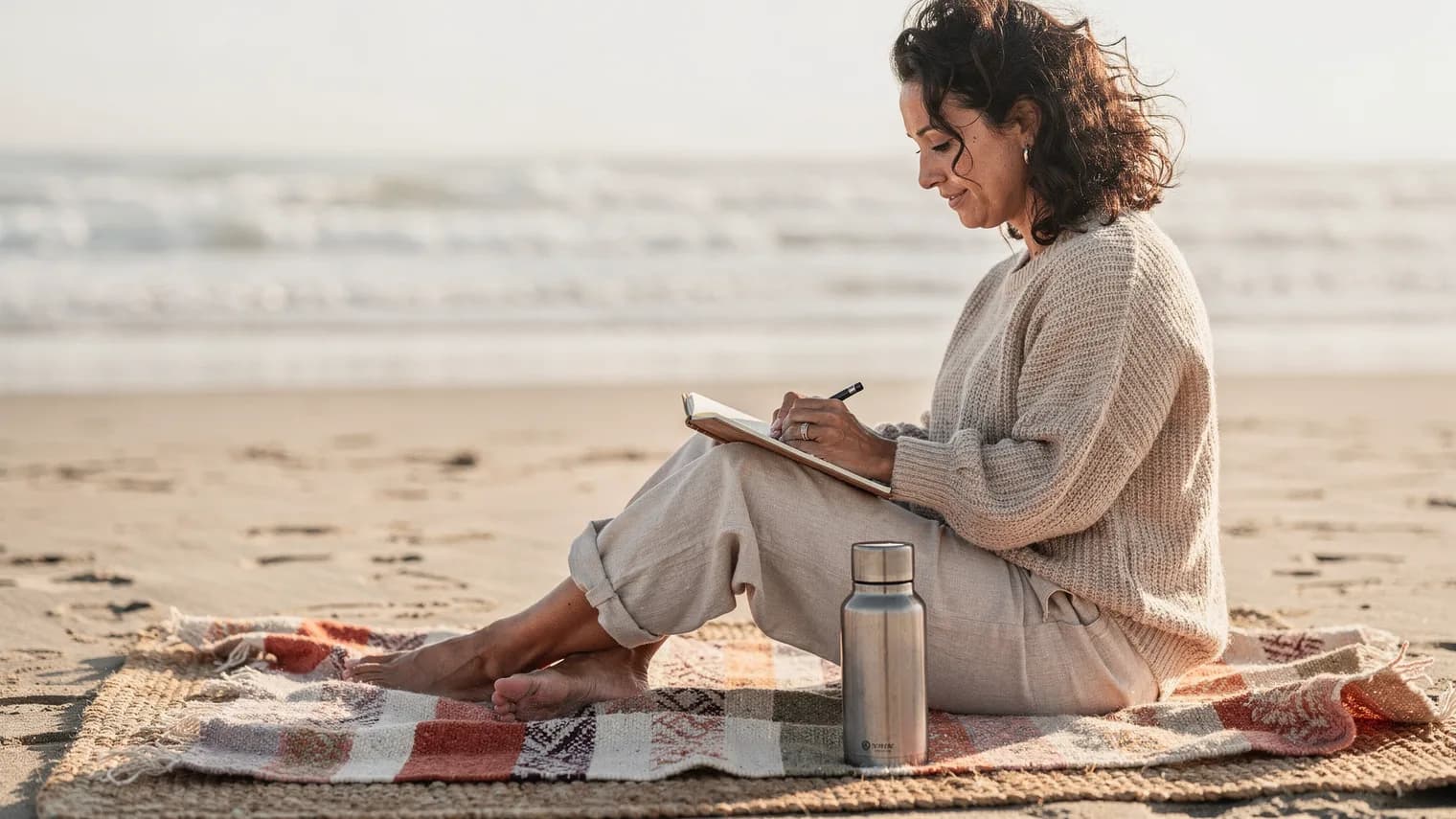 A woman in a chunky sweater writes in a notebook on a blanket at a quiet morning beach, surf soft in the distance.