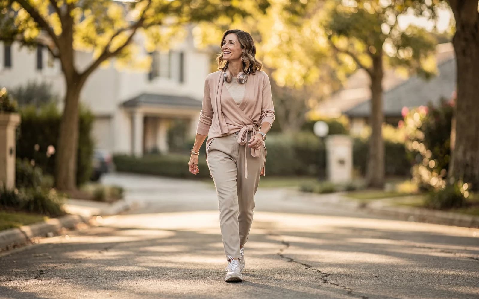 A woman walks a tree-lined street at sunrise, headphones around her neck, face lifted toward the morning light.