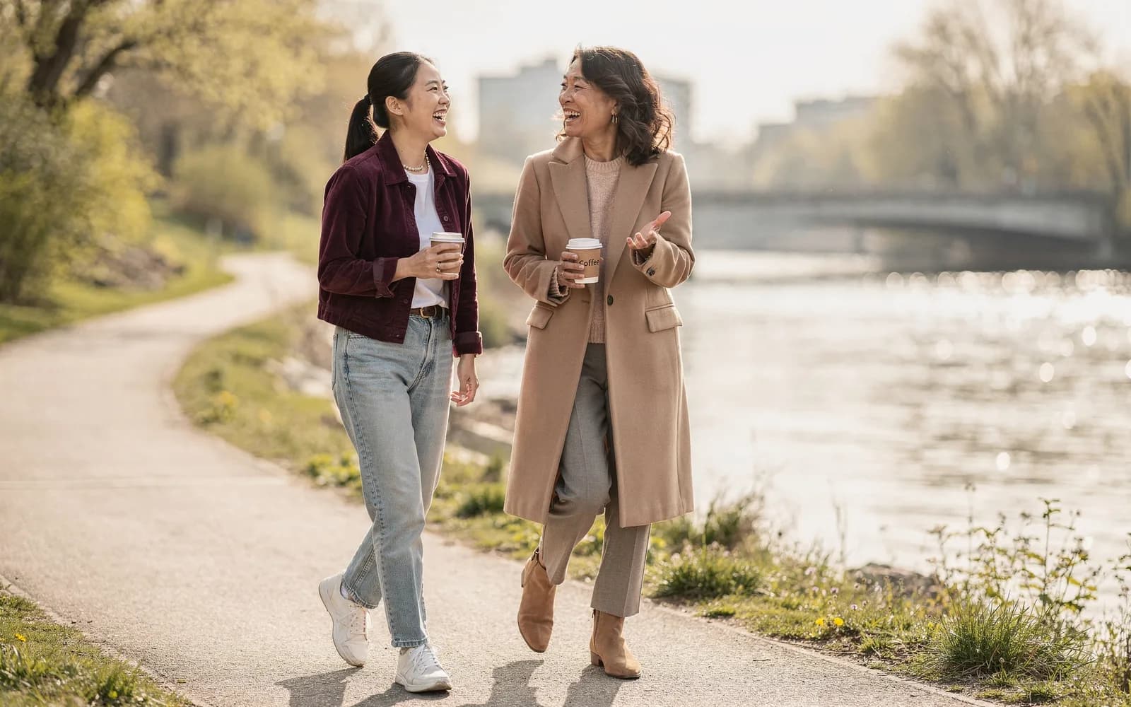 Two friends walk a riverside path with takeaway coffees, one gesturing mid-story while the other laughs.