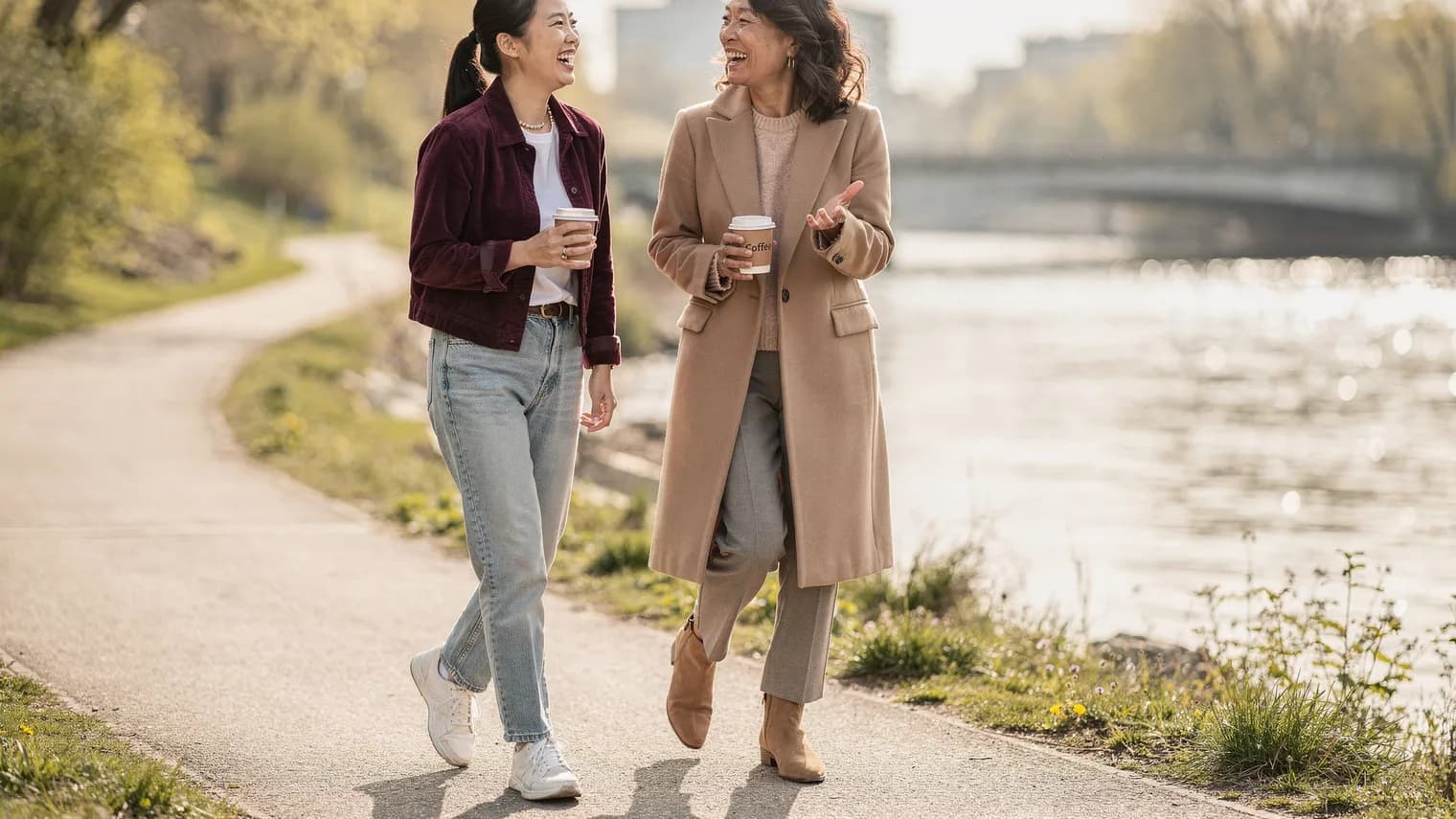 Two friends walk a riverside path with takeaway coffees, one gesturing mid-story while the other laughs.