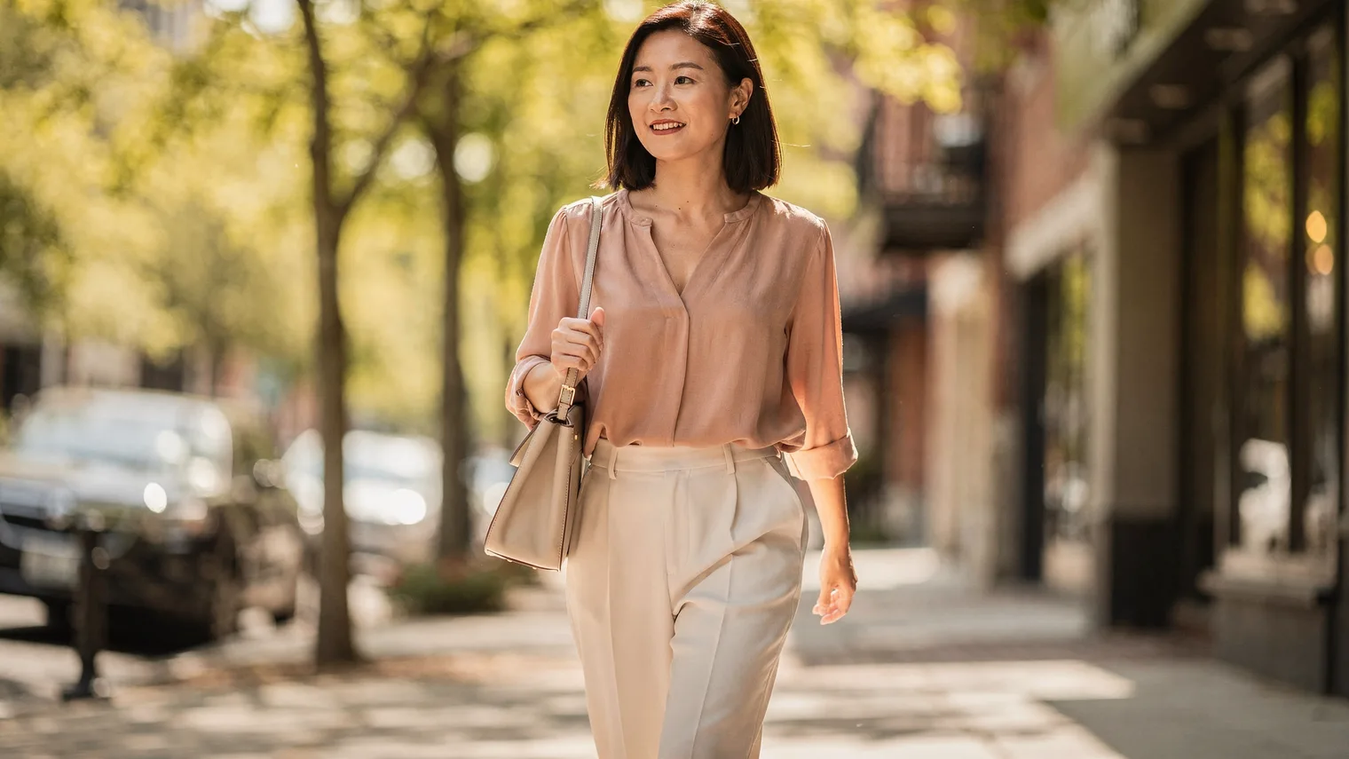 Woman in cream trousers walking briskly along a tree-lined street on a bright morning.