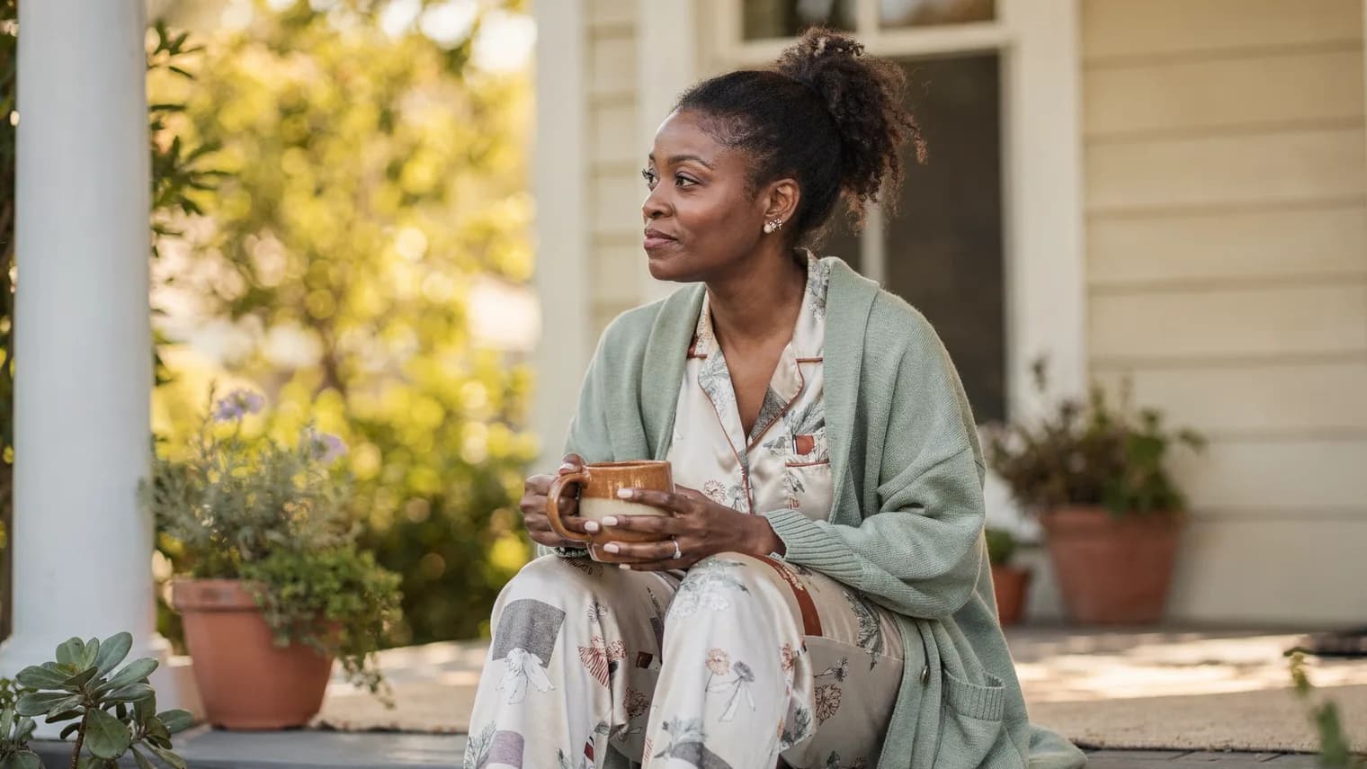 Woman in a sage cardigan sitting on a porch step with a mug in early-morning light.