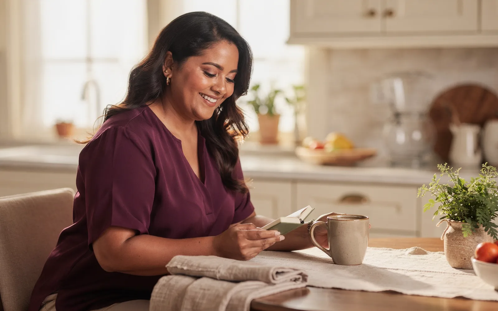 Woman at a kitchen table closing a journal beside her coffee with a relieved smile.