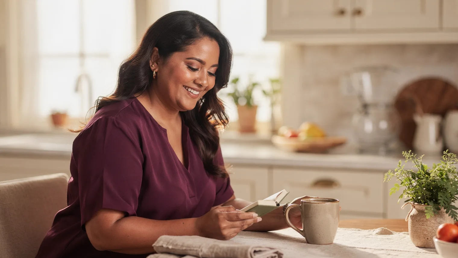 Woman at a kitchen table closing a journal beside her coffee with a relieved smile.