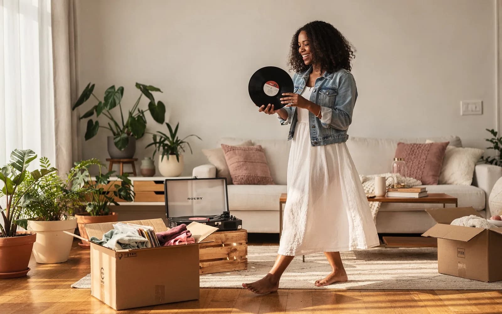 A barefoot woman grins while holding up a record in a sunlit apartment full of open moving boxes and plants.
