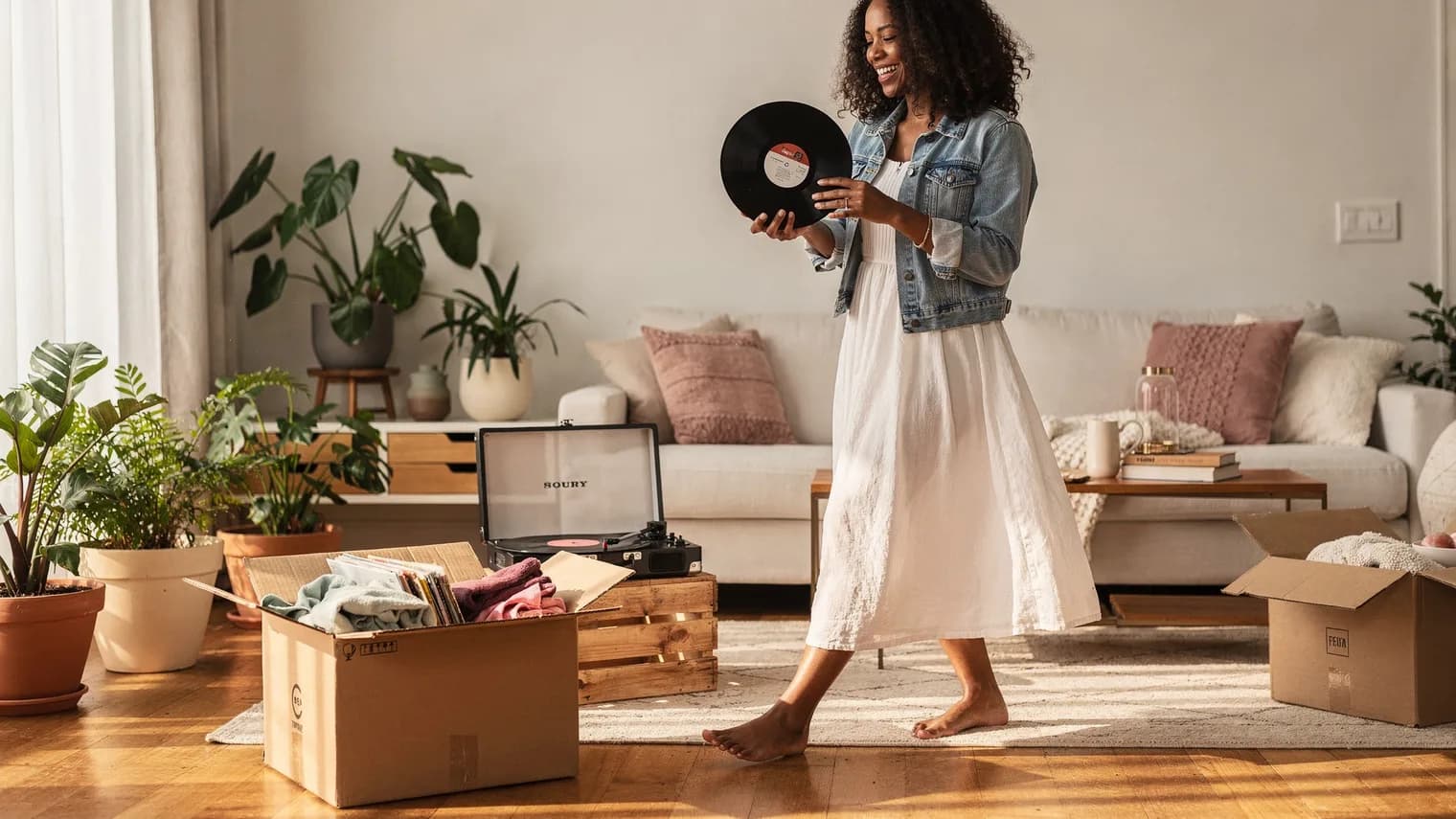 A barefoot woman grins while holding up a record in a sunlit apartment full of open moving boxes and plants.