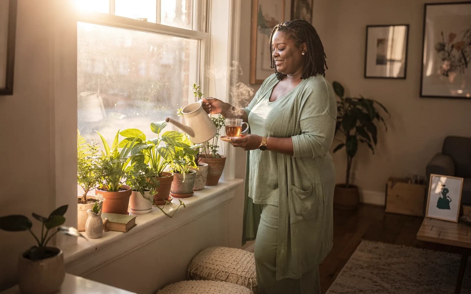 A woman waters windowsill plants in a warm, plant-filled apartment as afternoon sun streams in, tea steaming beside her.