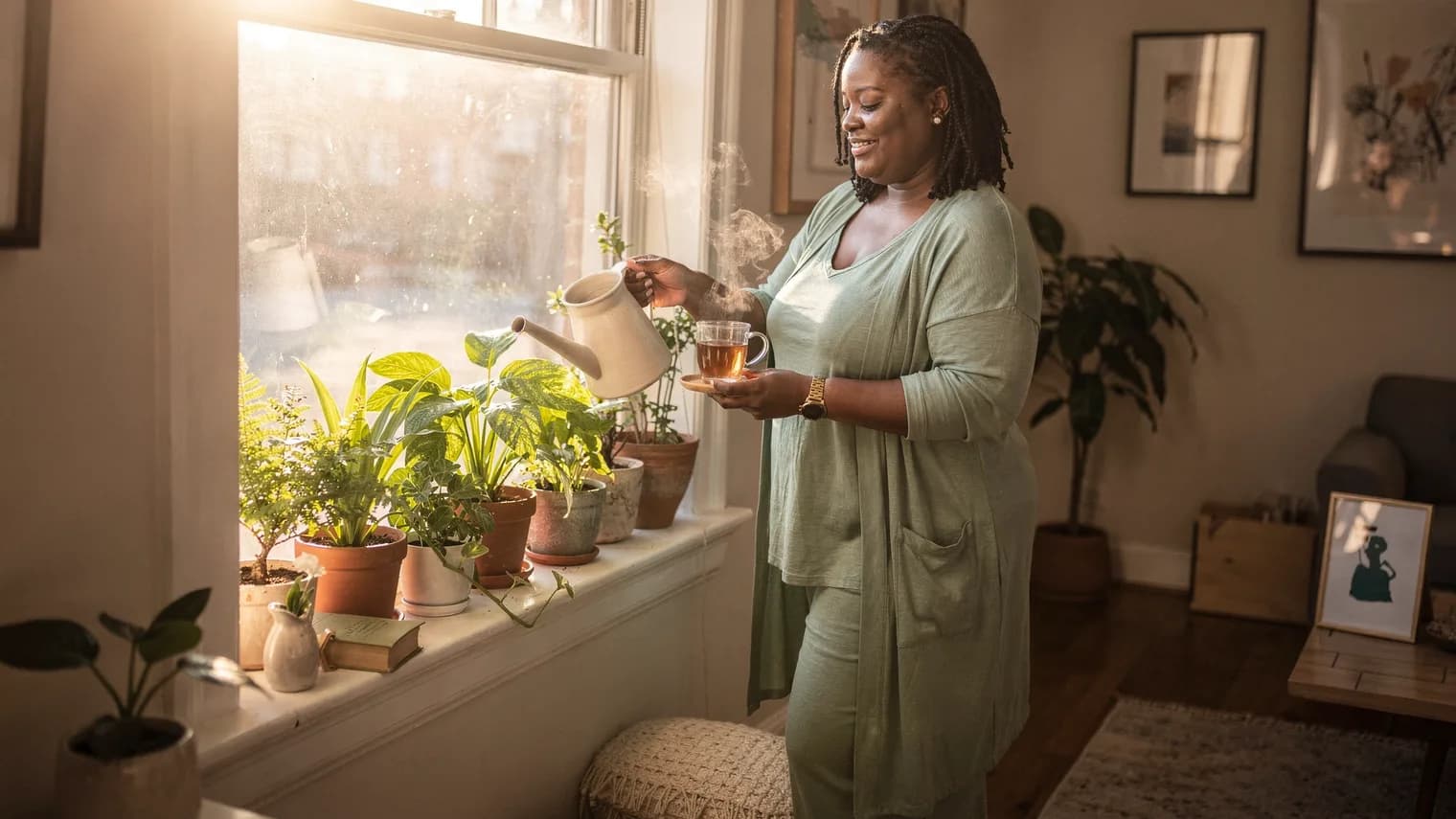 A woman waters windowsill plants in a warm, plant-filled apartment as afternoon sun streams in, tea steaming beside her.