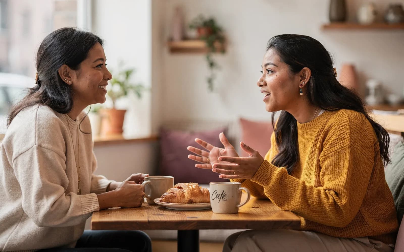 A woman leans across a coffee-shop table mid-conversation, hands animated, while her friend listens closely.
