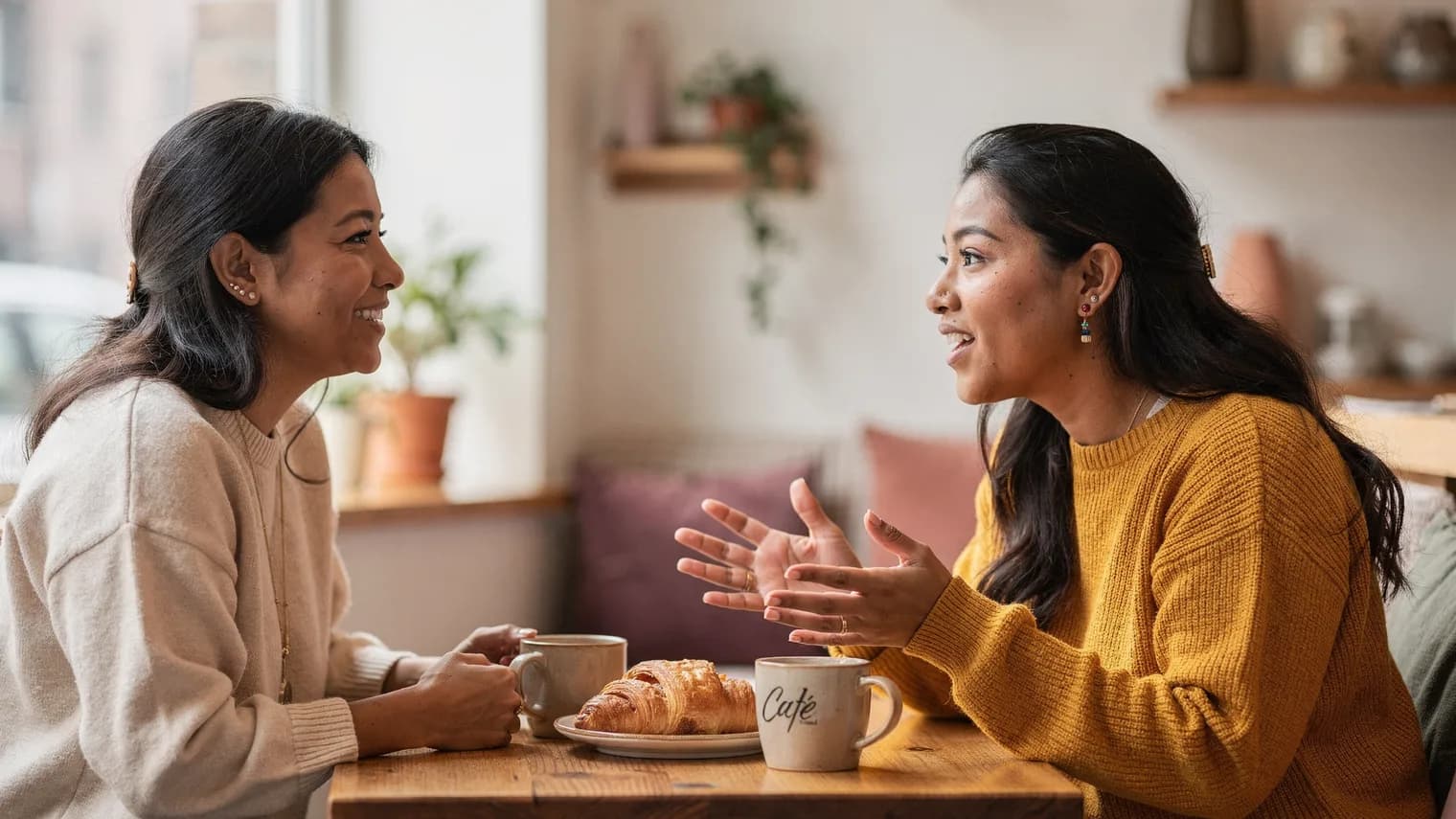 A woman leans across a coffee-shop table mid-conversation, hands animated, while her friend listens closely.
