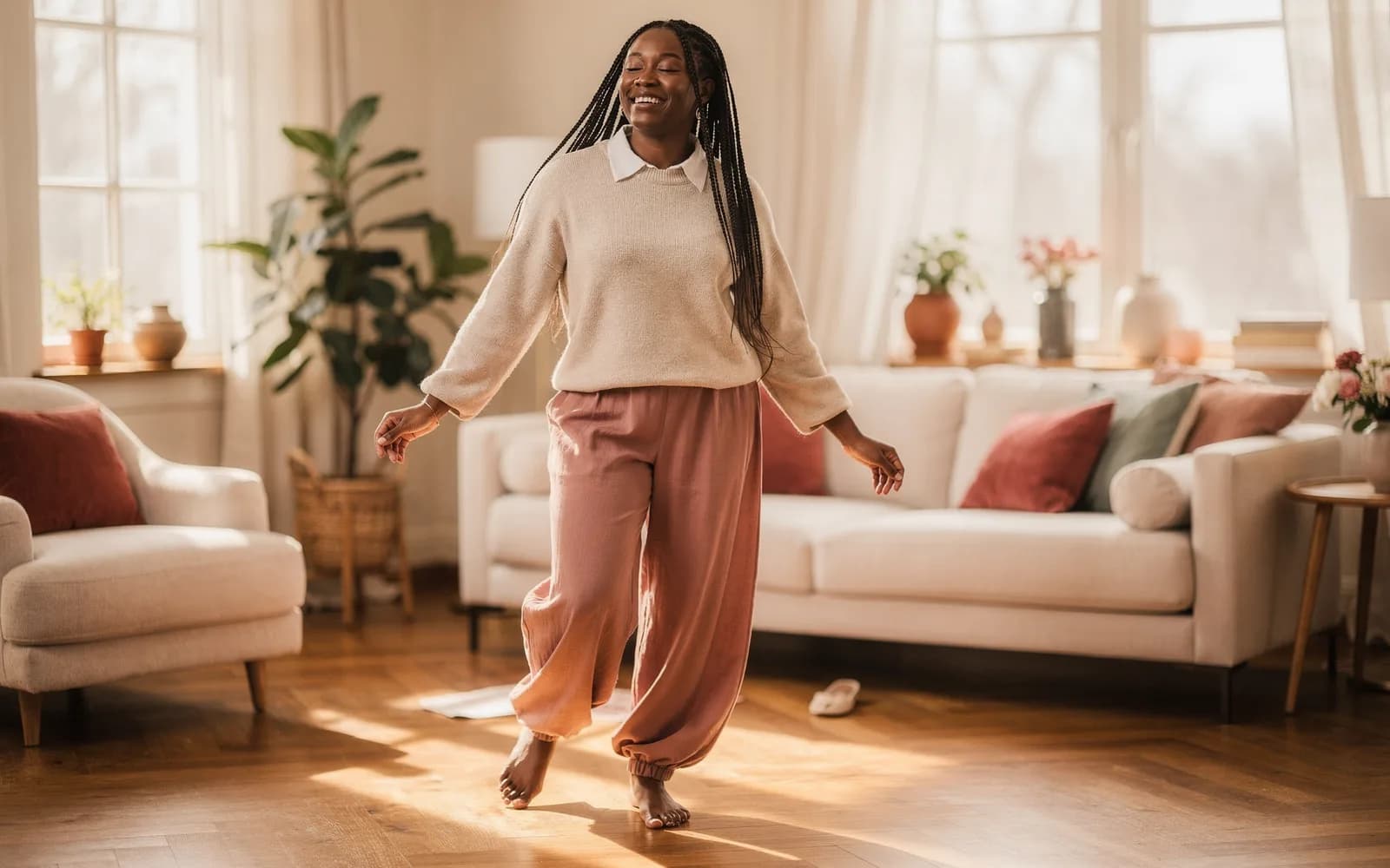 Woman with long braids dancing barefoot alone in a sunlit living room, eyes closed.