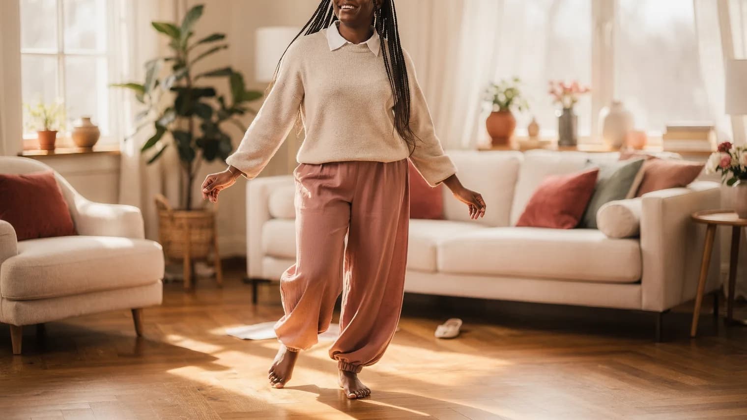 Woman with long braids dancing barefoot alone in a sunlit living room, eyes closed.