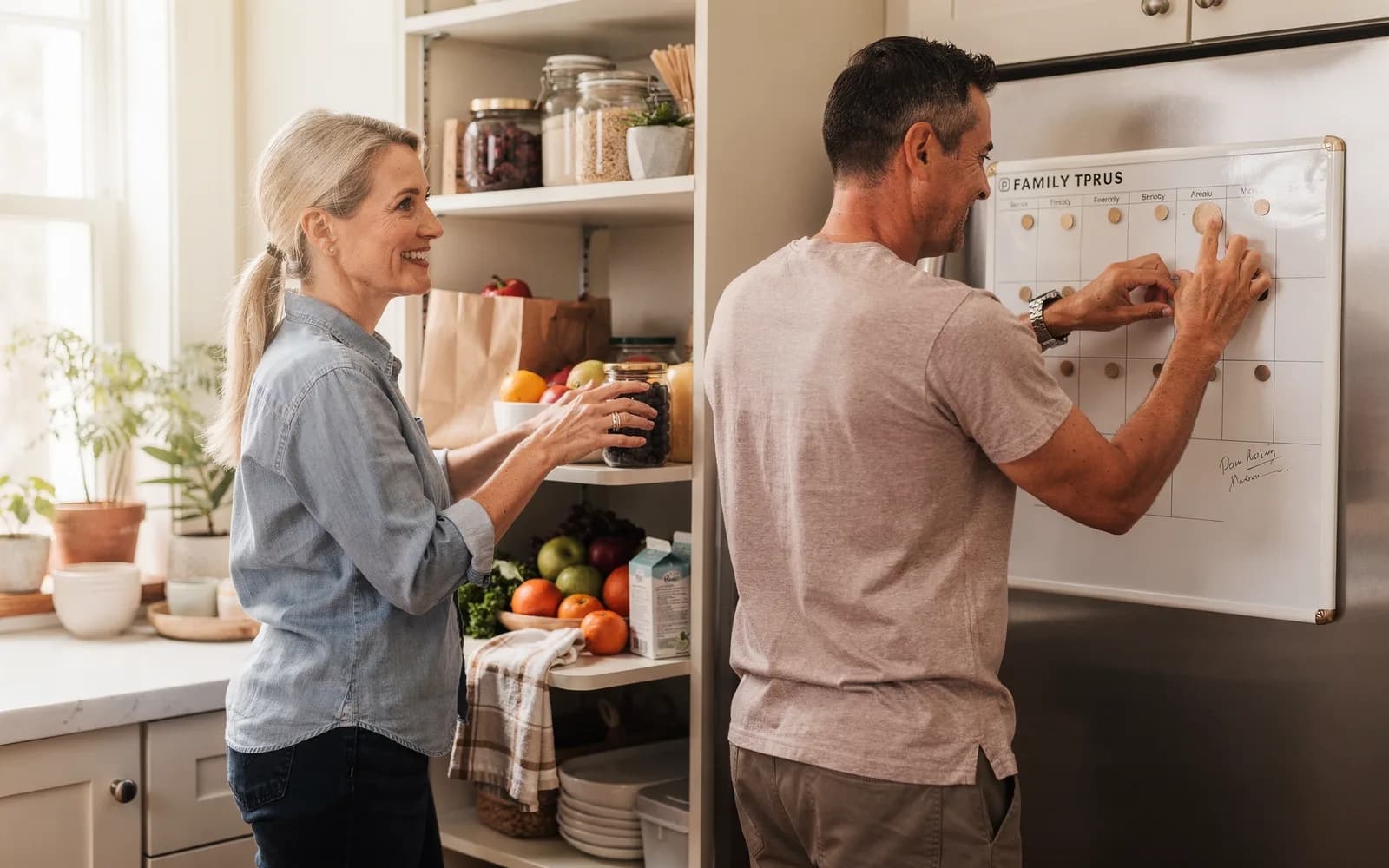 A woman checks a pantry shelf while her partner arranges magnets on the fridge board, both at ease in a shared kitchen routine.