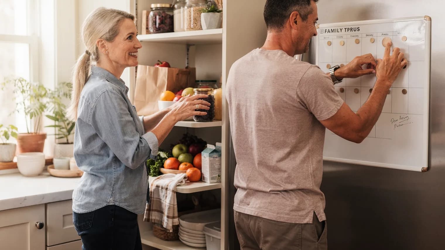 A woman checks a pantry shelf while her partner arranges magnets on the fridge board, both at ease in a shared kitchen routine.