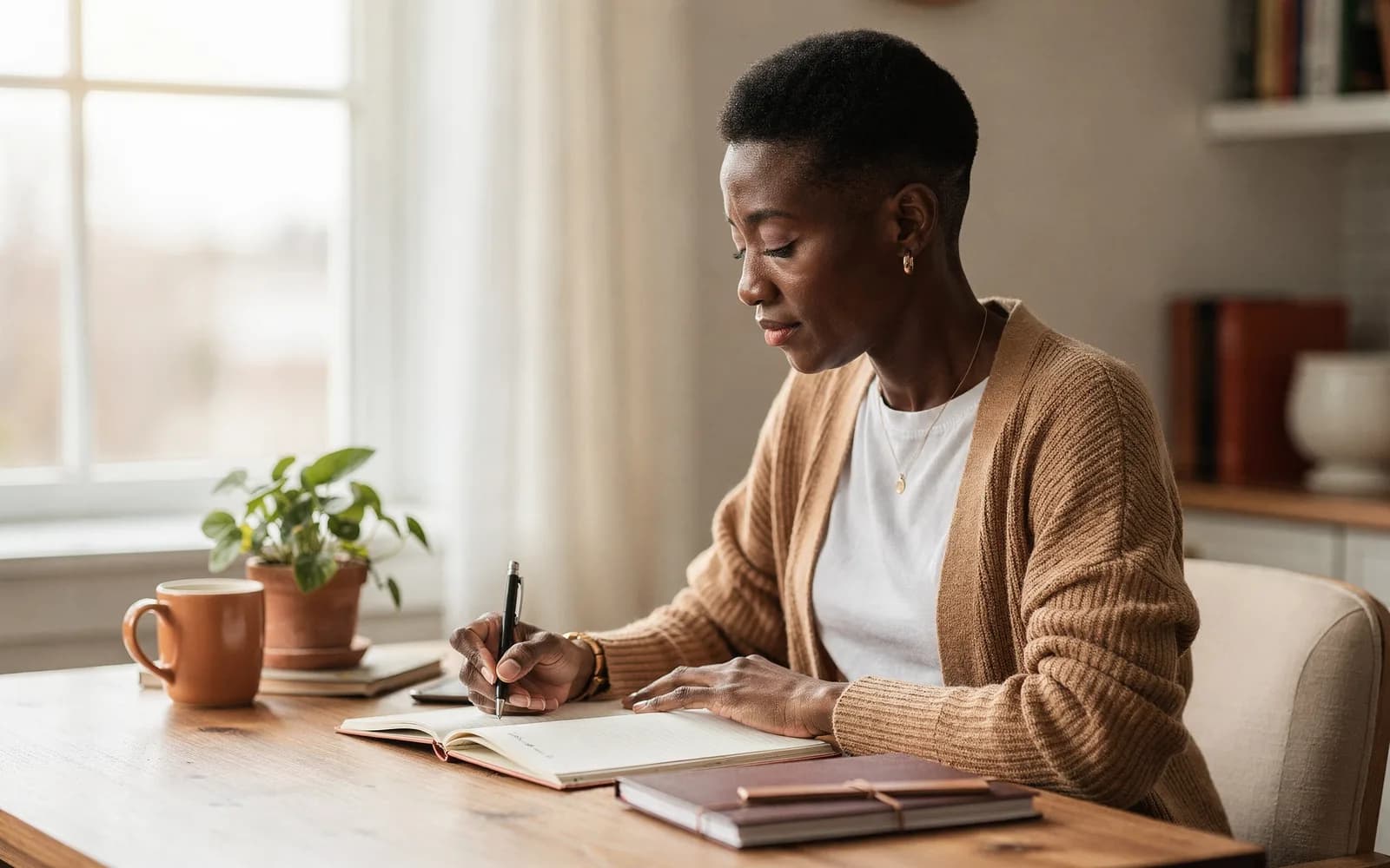 Woman writing in a notebook at a tidy desk beside a bright window, mug at hand.