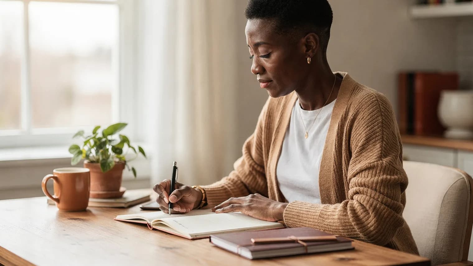 Woman writing in a notebook at a tidy desk beside a bright window, mug at hand.