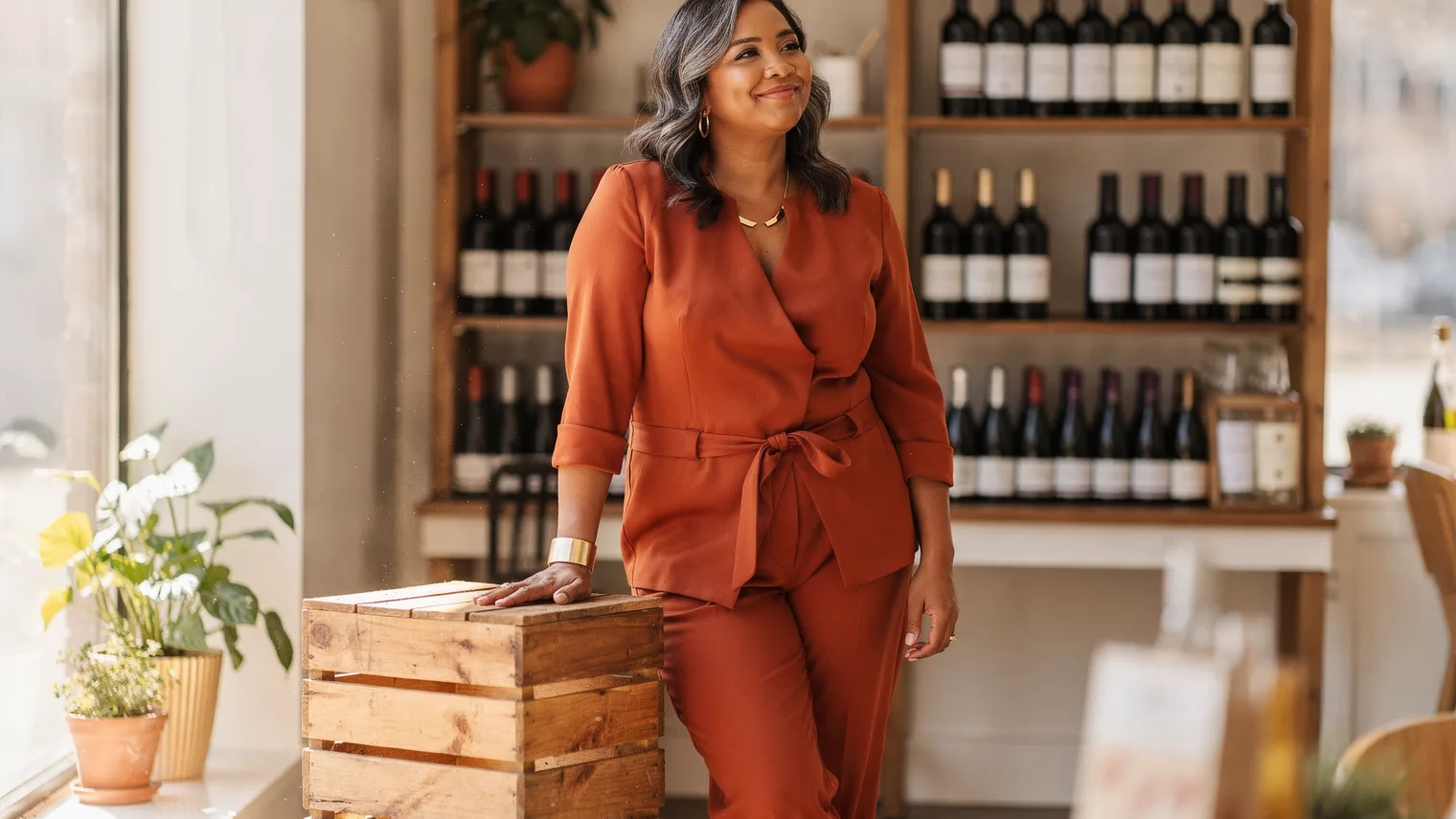 Woman in a rust-colored jumpsuit standing amused among wooden shelves in a small sunlit wine shop.