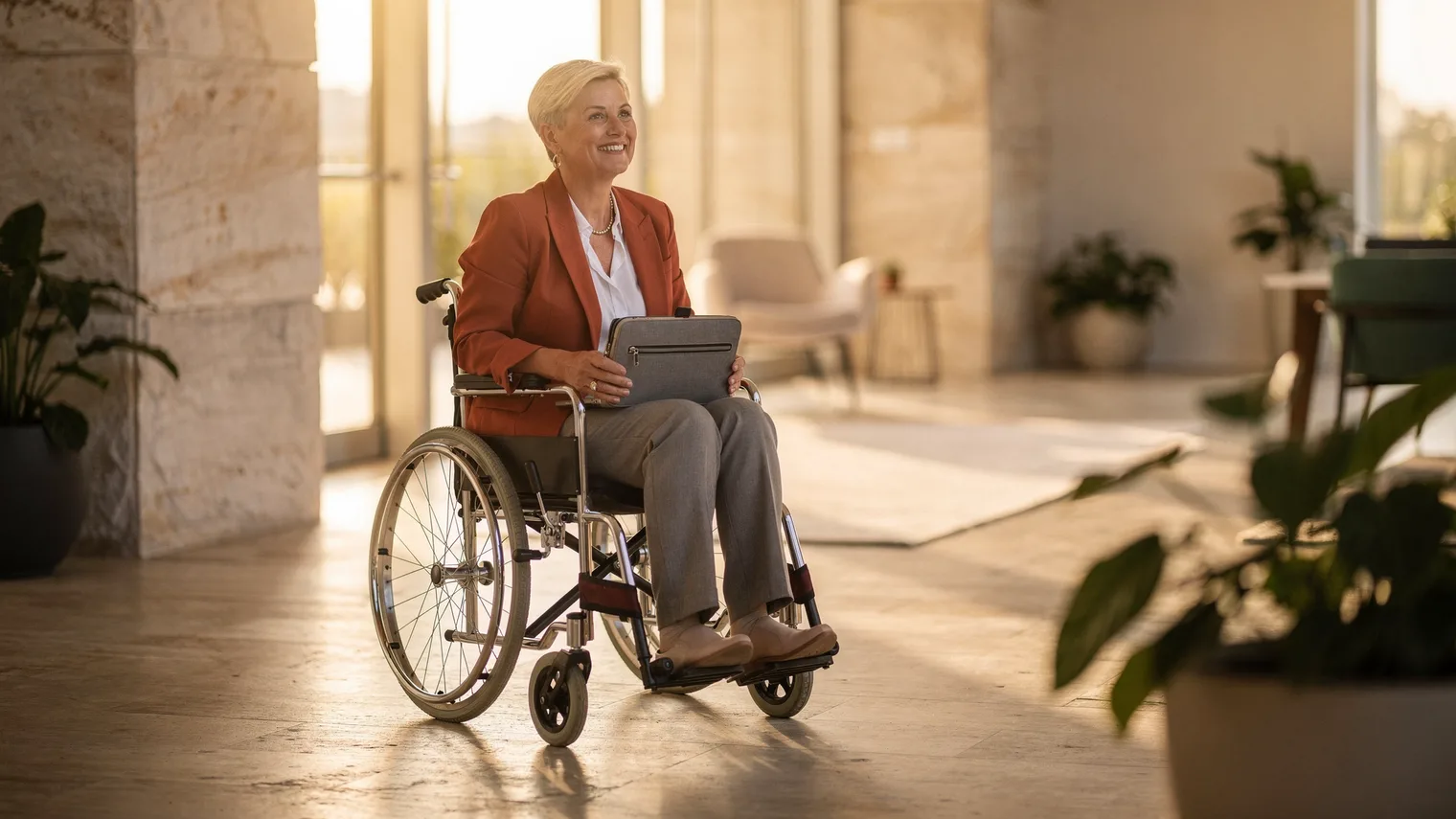 A woman in a wheelchair, blazer on and bag on her lap, heads through a bright office lobby toward glowing glass doors.