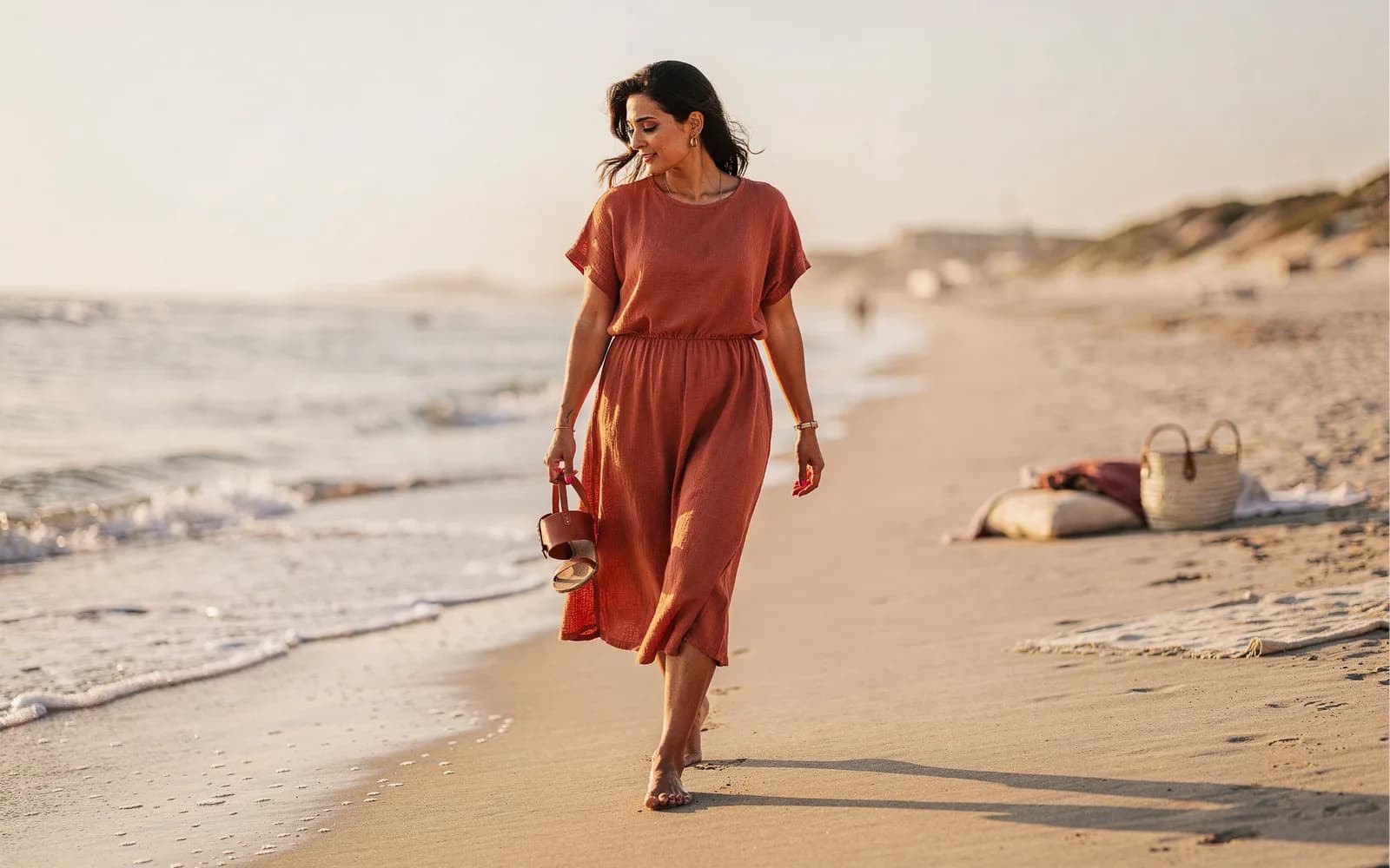 Woman in a terracotta linen dress walking barefoot along the water's edge at golden hour.