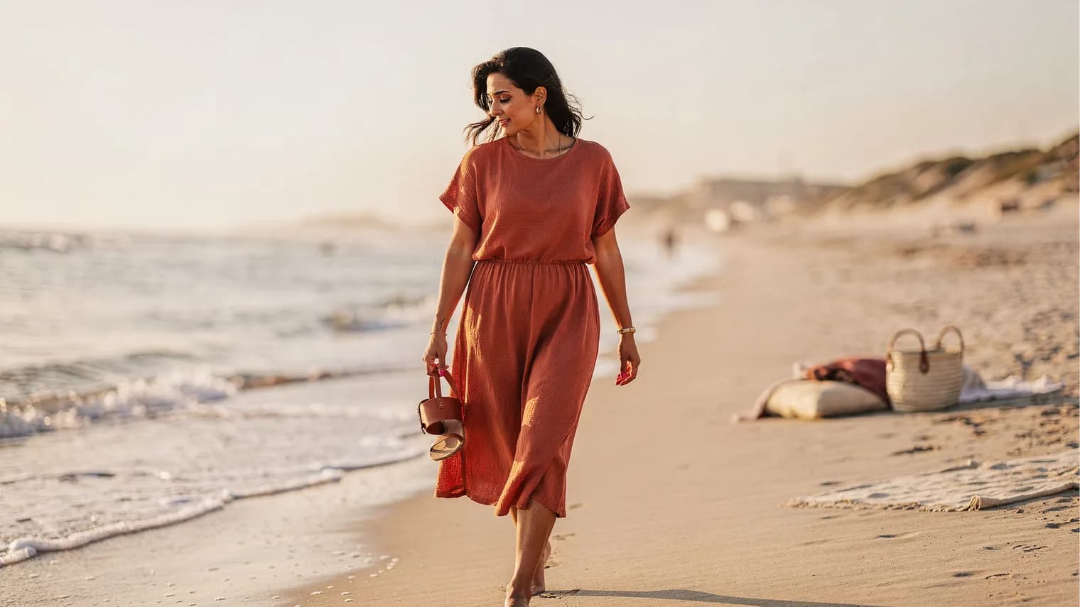 Woman in a terracotta linen dress walking barefoot along the water's edge at golden hour.