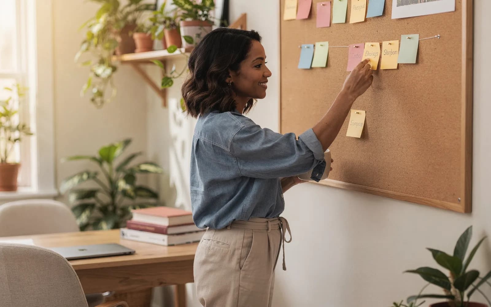 Woman pinning color-coded cards into a neat timeline on a corkboard in a bright home study.