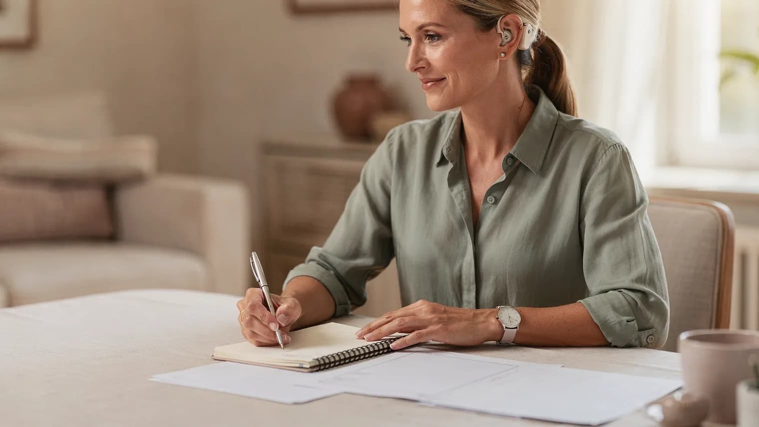 Woman at a sunlit dining table with an organized notebook and papers, pen poised.