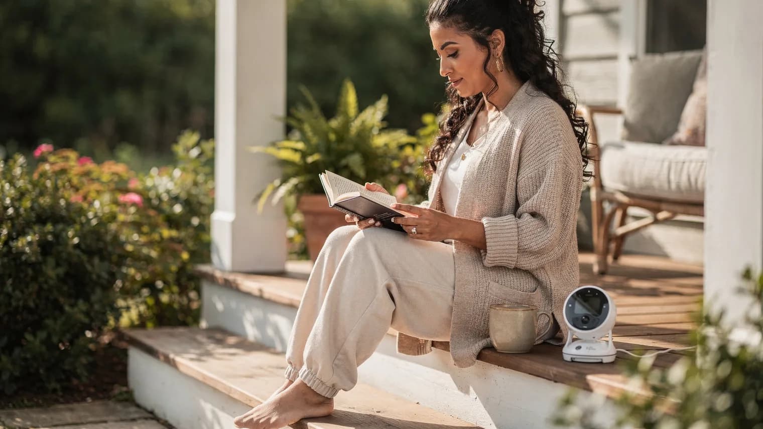 A woman reads a paperback on sunny porch steps with coffee beside her, relaxed in a morning moment of her own.