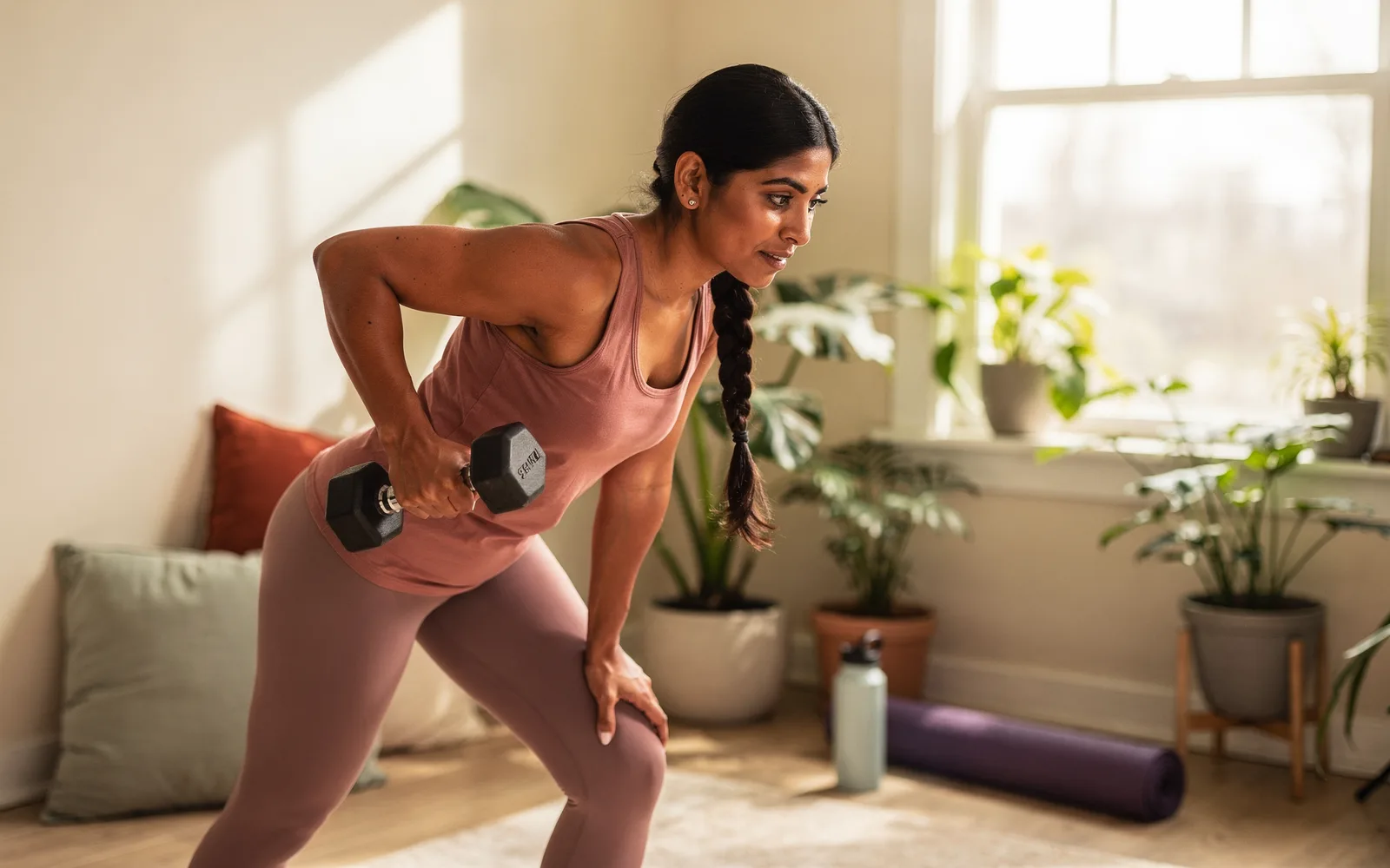 Woman doing a dumbbell row in a bright, plant-filled home workout corner.