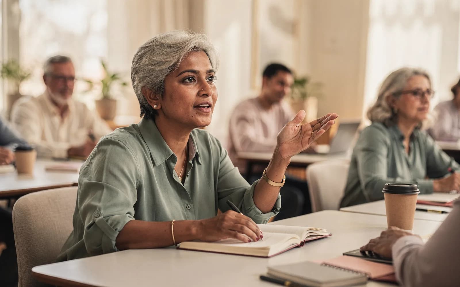 A silver-haired woman raises her hand mid-question among adult classmates in a bright classroom.