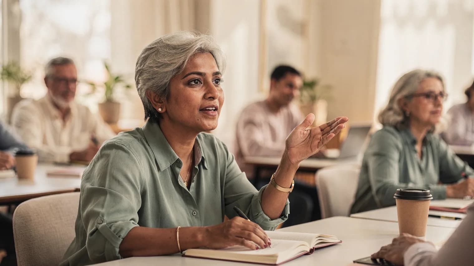 A silver-haired woman raises her hand mid-question among adult classmates in a bright classroom.