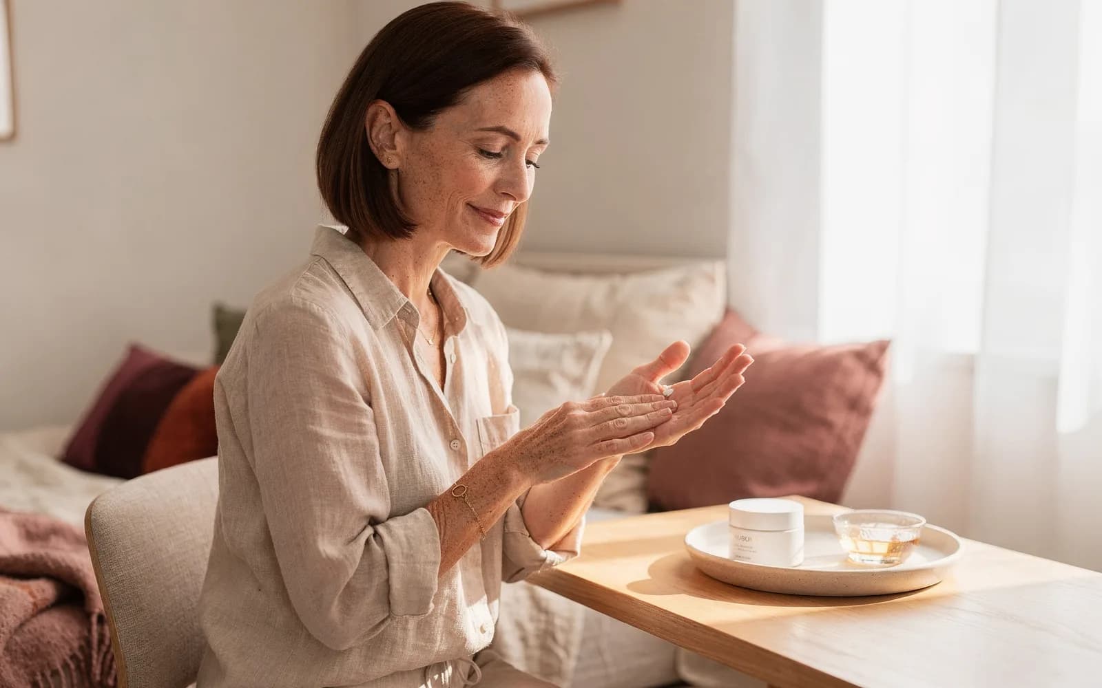 Freckled woman at a bright bedroom vanity warming face cream between her palms.