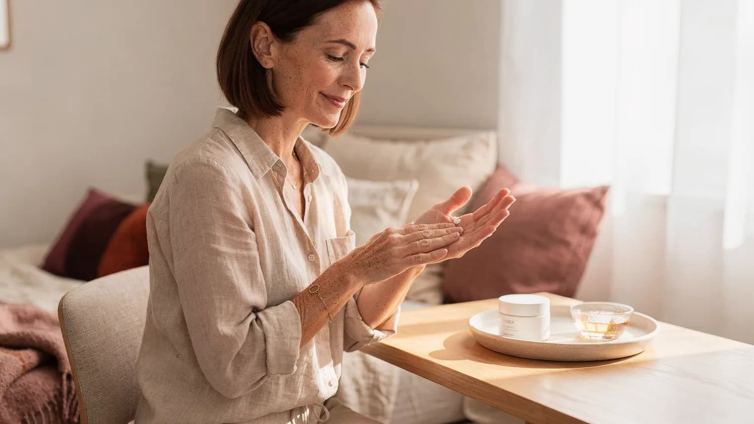Freckled woman at a bright bedroom vanity warming face cream between her palms.