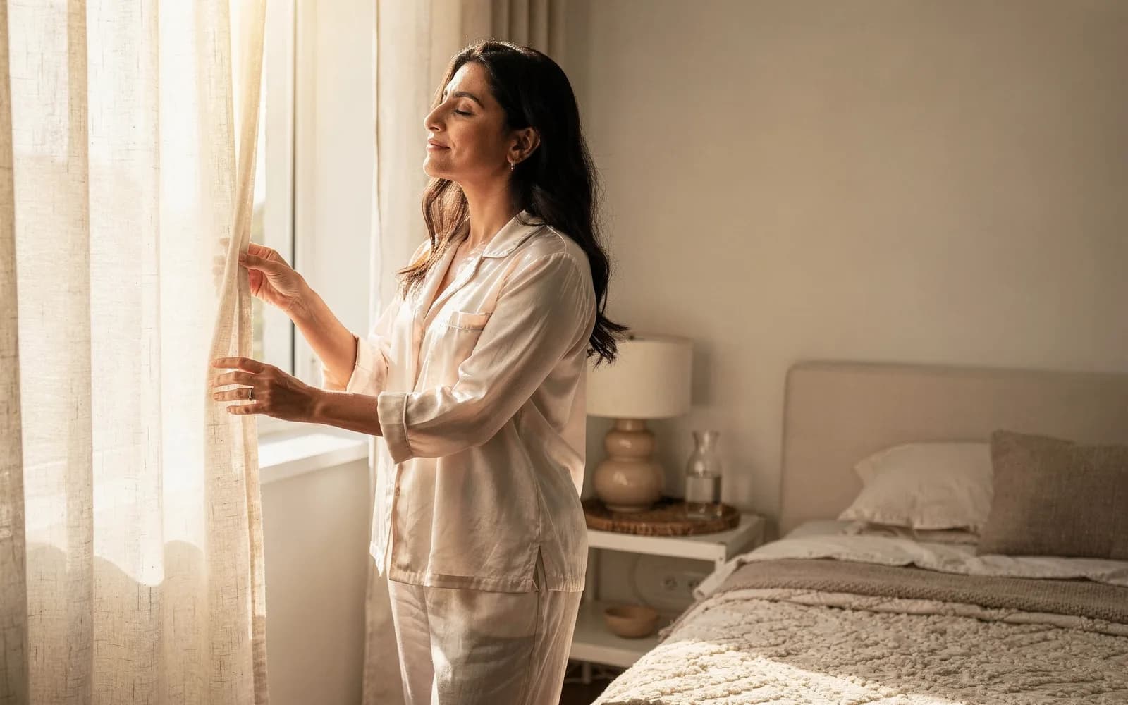 Woman in ivory pajamas opening linen curtains to bright morning light in an airy bedroom.
