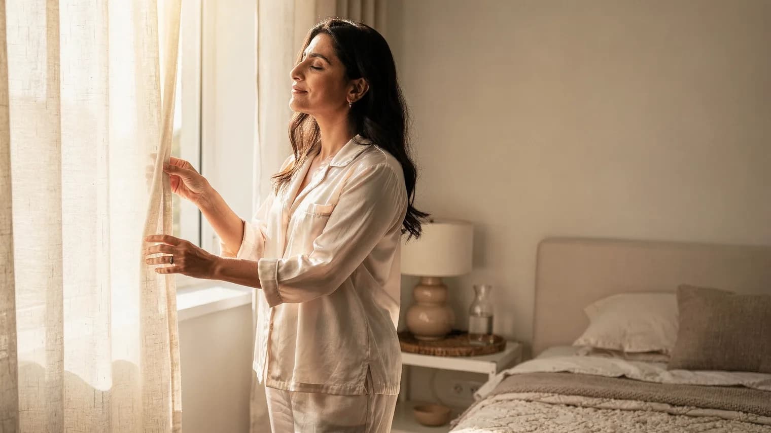 Woman in ivory pajamas opening linen curtains to bright morning light in an airy bedroom.