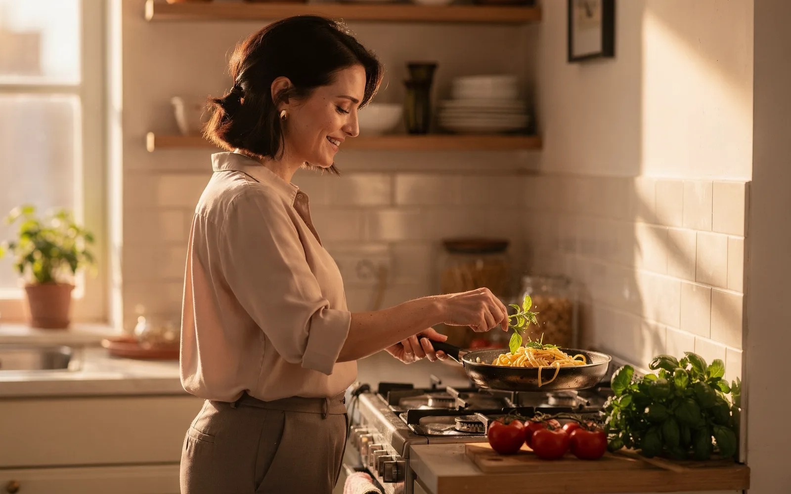 Woman tossing herbs into a pan of fresh pasta in a small, warmly lit apartment kitchen.