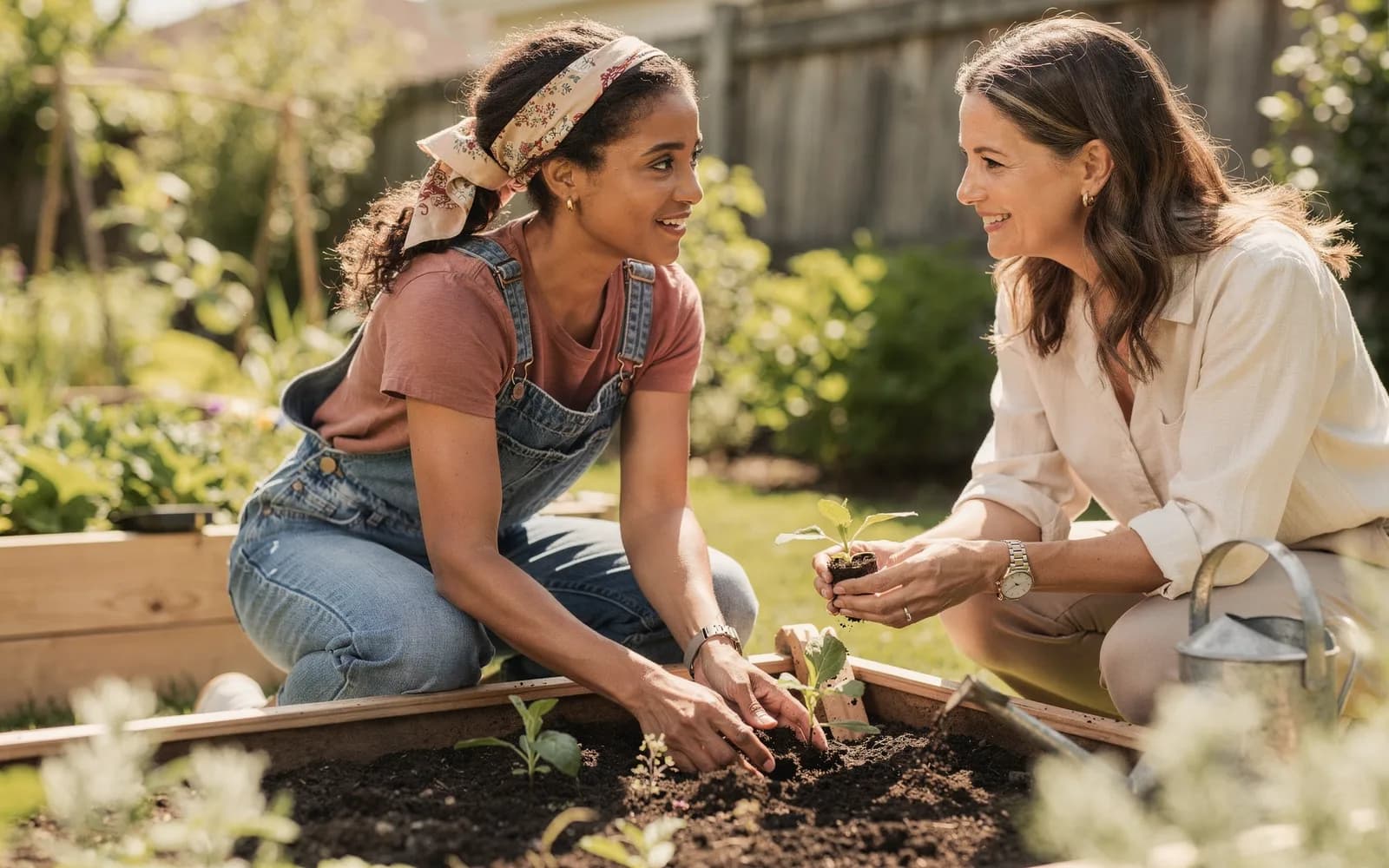 Two women kneel together in a garden bed, one planting a seedling while the other hands her the next, deep in conversation.